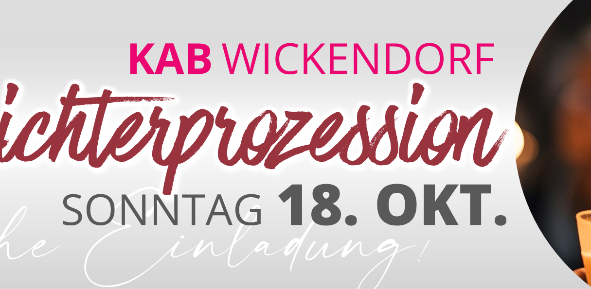 Einladung zur Lichterprozession am 18. Oktober 2026. Auf dem Bild ist eine ältere Frau mit einer brennenden Kerze.
