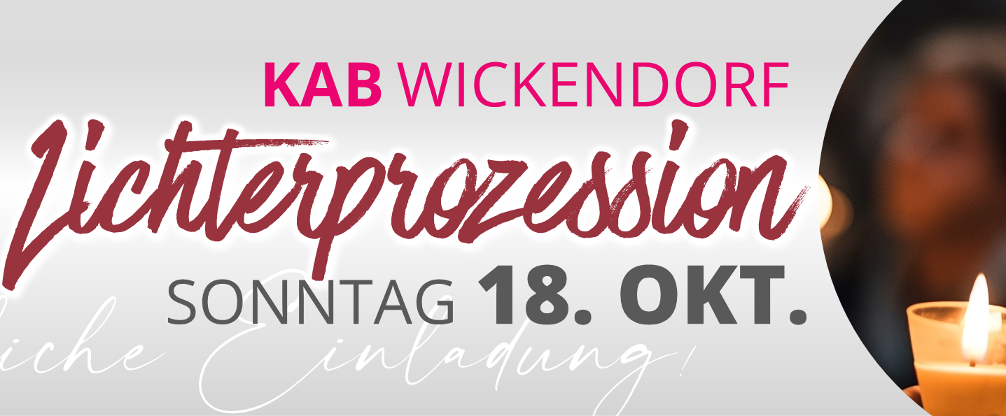 Einladung zur Lichterprozession am 18. Oktober 2026. Auf dem Bild ist eine ältere Frau mit einer brennenden Kerze.