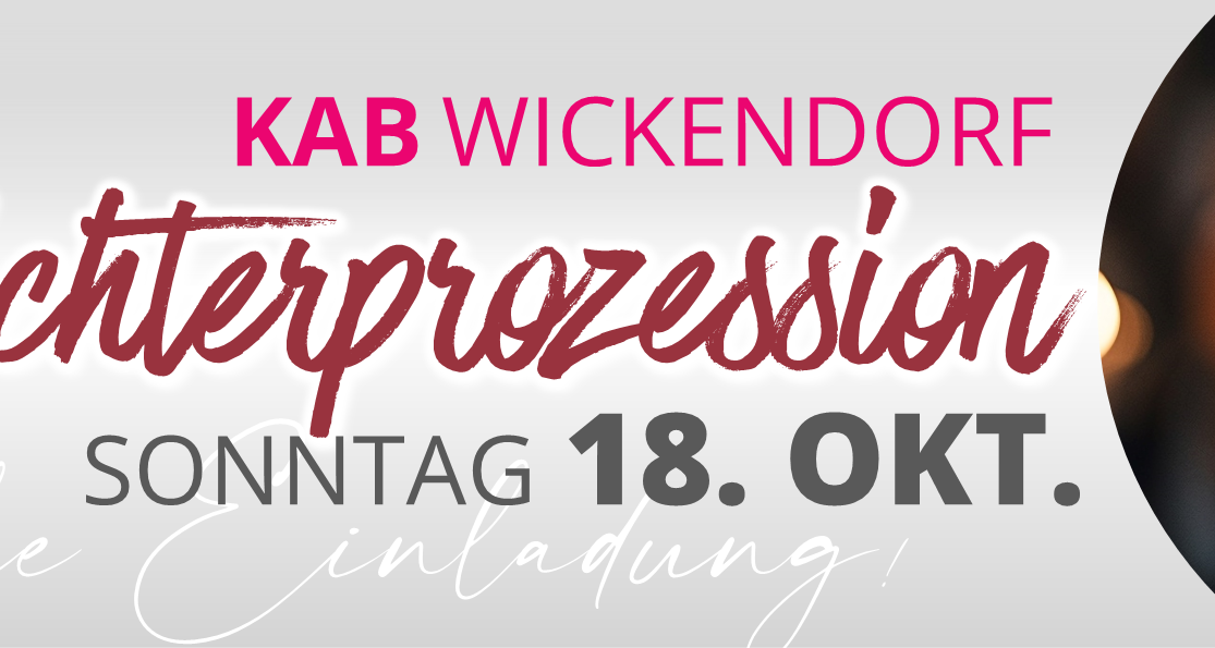 Einladung zur Lichterprozession am 18. Oktober 2026. Auf dem Bild ist eine ältere Frau mit einer brennenden Kerze.