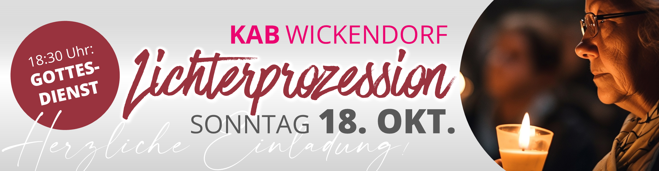 Einladung zur Lichterprozession am 18. Oktober 2026. Auf dem Bild ist eine ältere Frau mit einer brennenden Kerze.